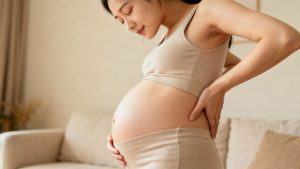 Pregnant woman relieving back pain with massage.