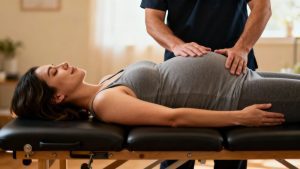 Pregnant woman receiving chiropractic adjustment