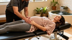 Pregnant woman receiving Webster Technique chiropractic care