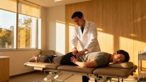 Chiropractor performing spinal adjustment on a patient.